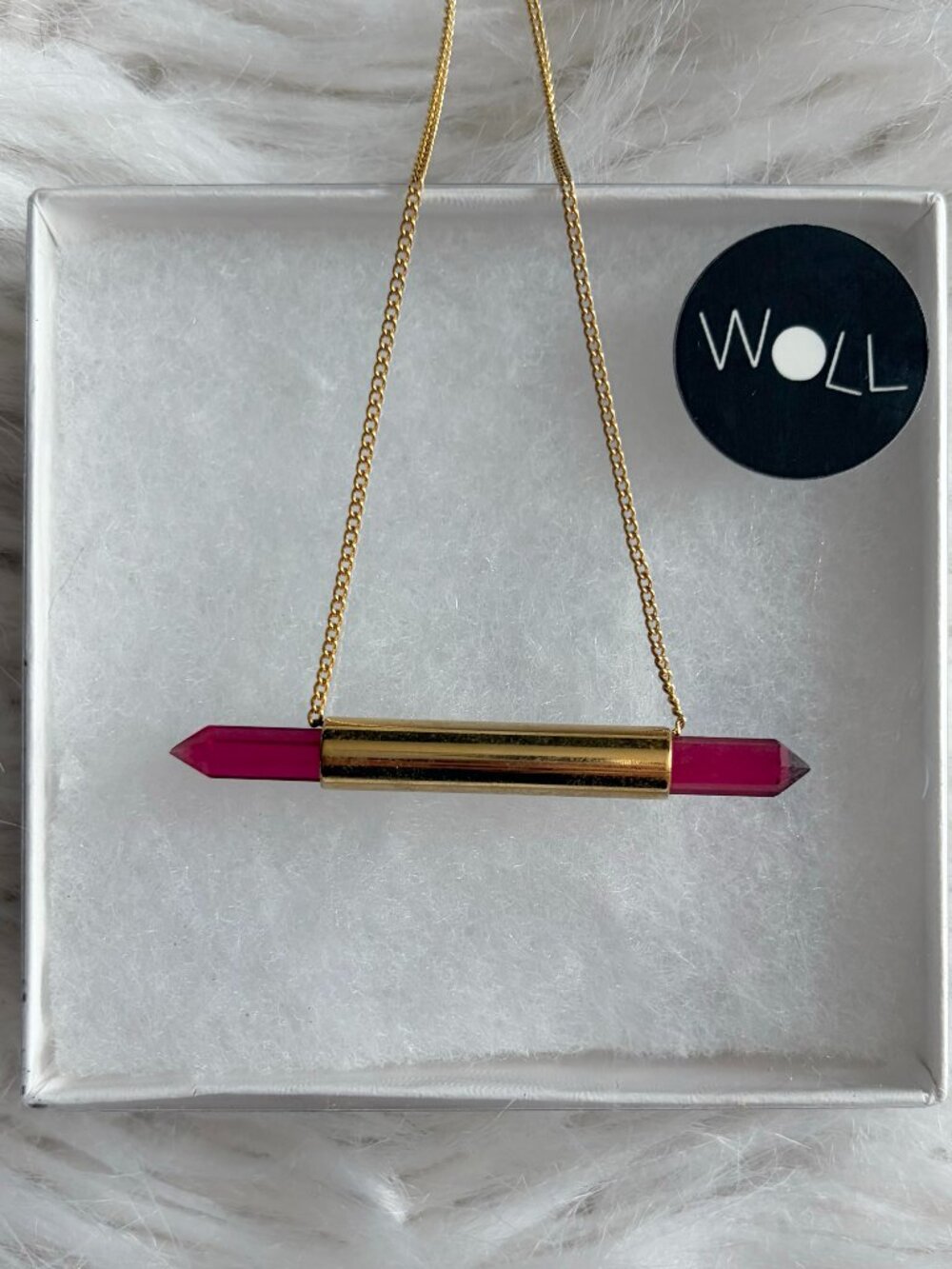 Share Woll Red Faux Crystal Gold Tone Horizontal Pendant Necklace Acetate